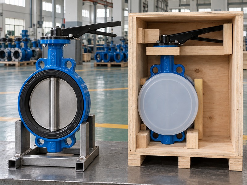 manual butterfly valve: protected manual valve and restrained body in a shipping crate