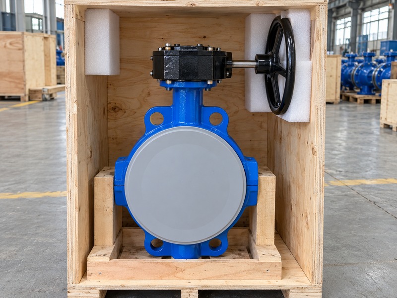manual butterfly valve symbol: protected manual valve and restrained body in an export crate