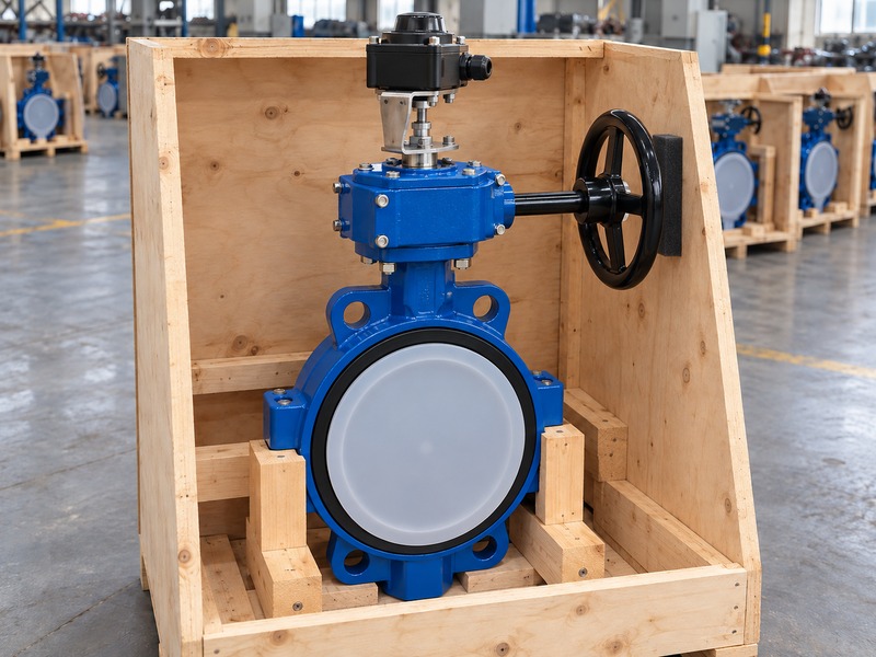 manual butterfly valve with limit switch: body restraints with clear space below the protected handwheel