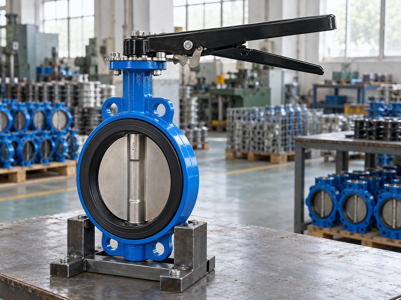 manual lever butterfly valve: complete direct-lever wafer assembly and locking mechanism