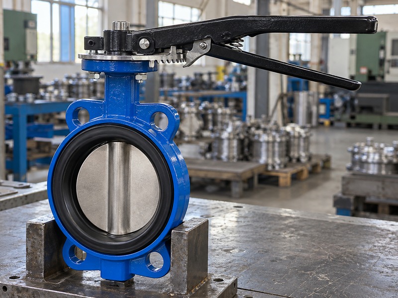 manual lever butterfly valve: trigger latch and toothed quadrant at the stem connection