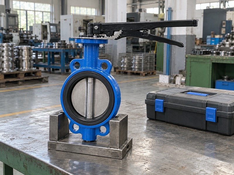 manual lever butterfly valve: isolated lever valve beside a closed maintenance toolkit