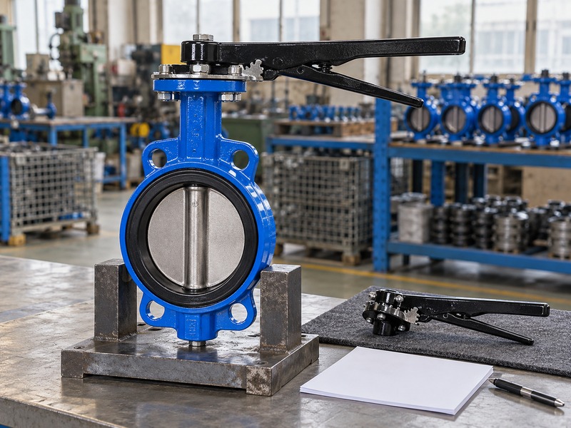 manual lever butterfly valve: complete valve beside a separate sample lever component