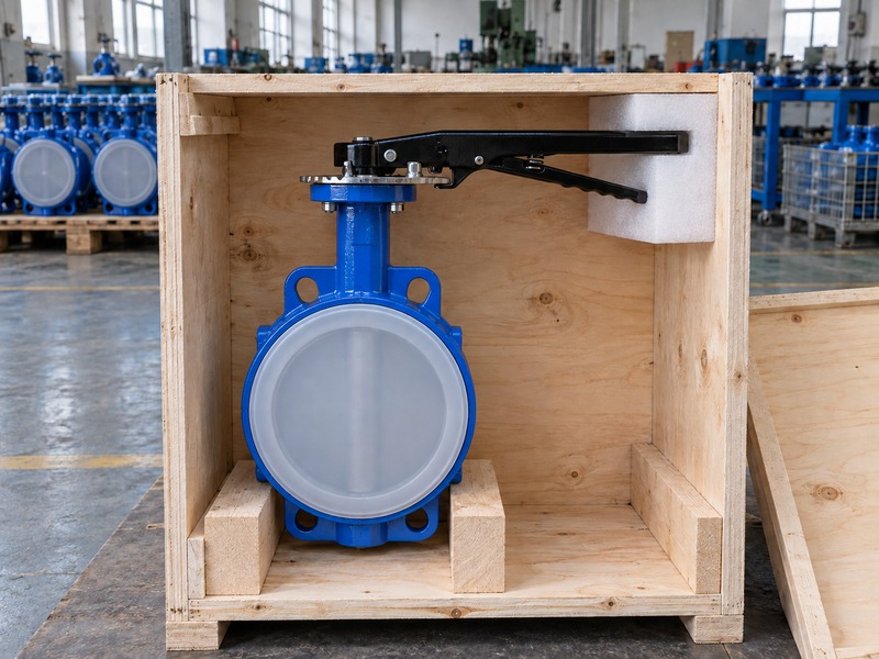 manual lever butterfly valve: thin wafer body with a single visible front transport cap