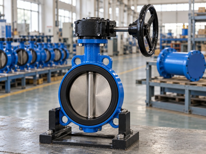 manual wafer butterfly valve: geared wafer sample beside disconnected stored pipework