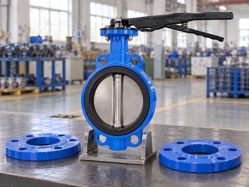 manual wafer butterfly valve: wafer valve staged with separate matching pipe flanges