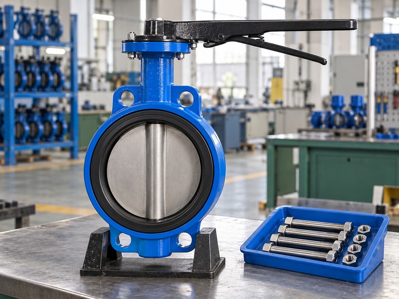 manual wafer butterfly valve: separate through-fastener samples beside the complete valve