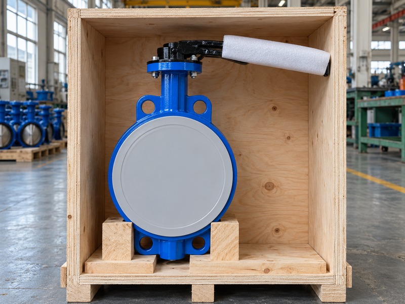 manual wafer butterfly valve: front transport cover and body restraints in a plywood crate