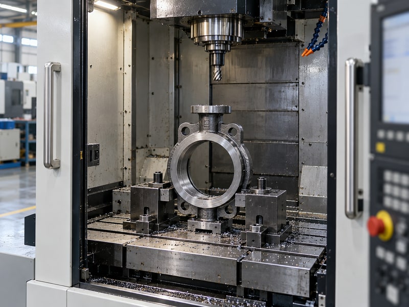 manufacturing process of butterfly valve — clamped valve body in a stopped CNC machine
