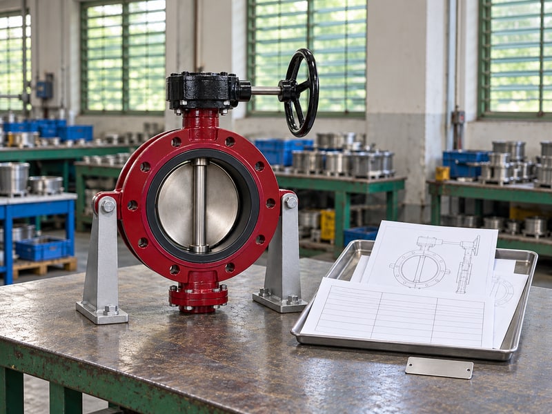 medium pressure turbine butterfly valve: illustrative supported dark red gearbox butterfly valve beside blank supplier configuration records and anonymous outline sheets