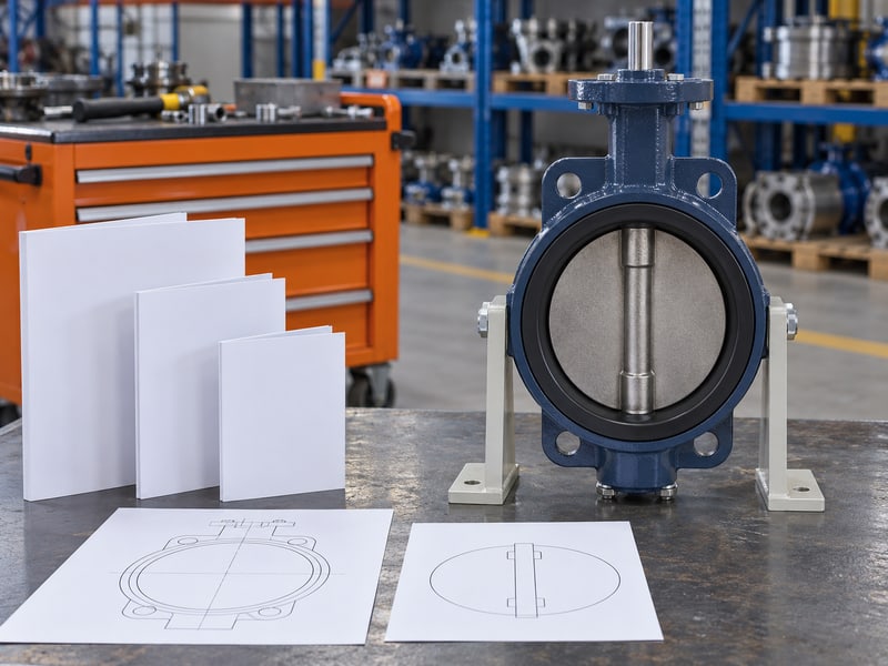 medium pressure turbine butterfly valve: illustrative supported slate blue butterfly valve beside an unfilled catalog folder and anonymous body outline papers