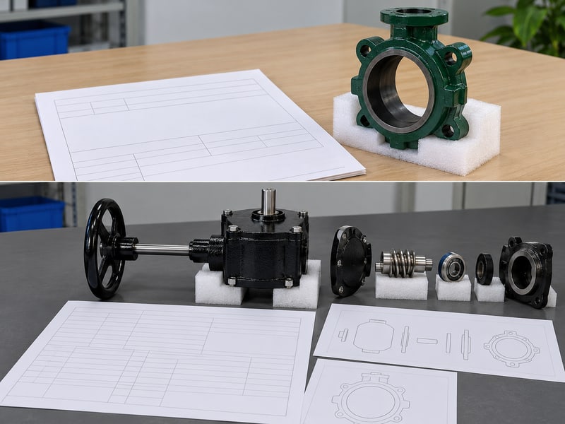 medium pressure turbine butterfly valve: illustrative two-row photographic comparison of sparse catalog fields and detailed blank configuration records with separate valve and gearbox components