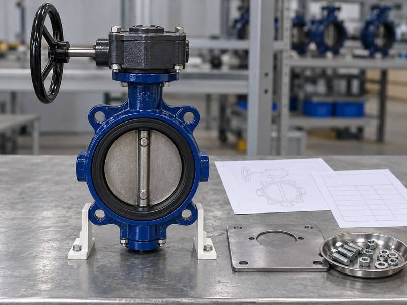 medium pressure turbine butterfly valve: illustrative supported navy butterfly valve with a manual gearbox beside a separate blank mounting plate and operator outline sheets