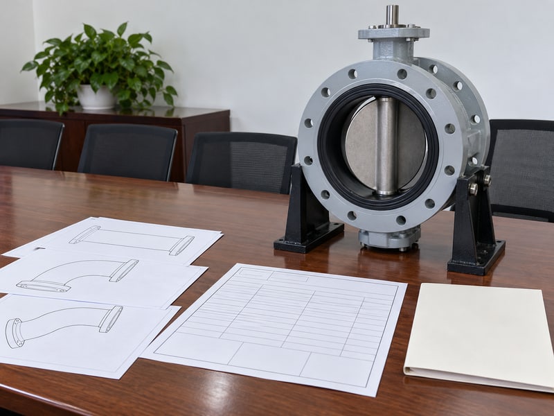 medium pressure turbine butterfly valve: illustrative unconnected pale gray butterfly valve beside anonymous application layout drawings and blank duty review fields