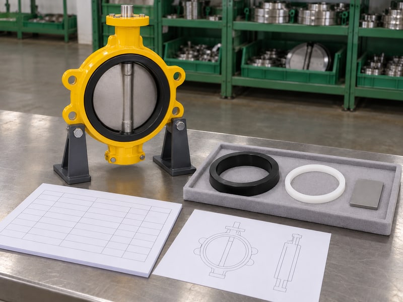 medium pressure turbine butterfly valve: illustrative supported yellow butterfly valve and separate black and white seal samples beside blank component configuration records