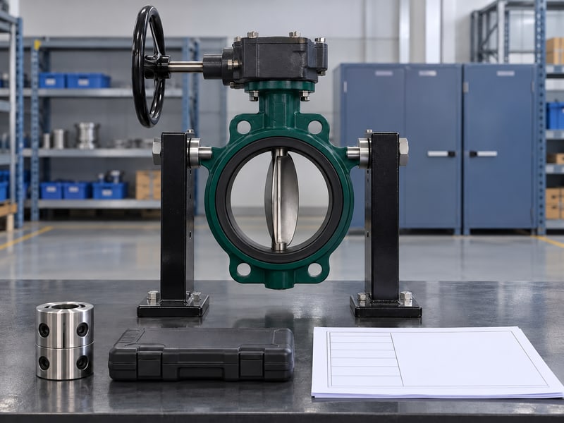 medium pressure turbine butterfly valve: illustrative supported gear-operated valve beside blank duty records and detached coupling parts