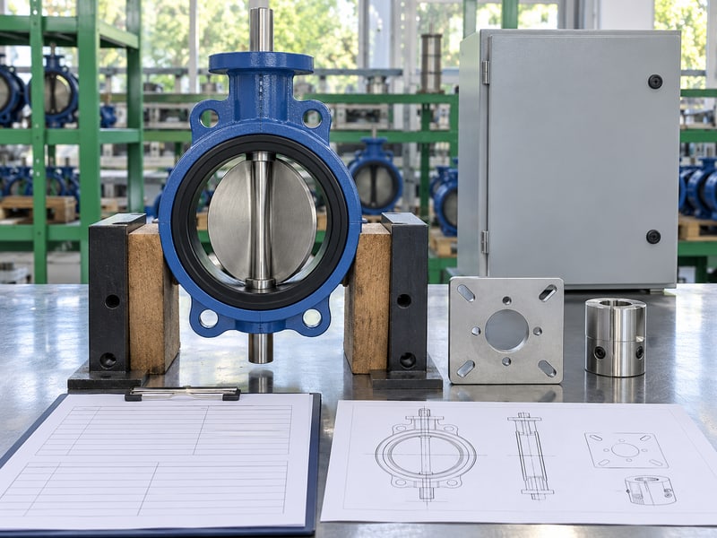 medium pressure turbine butterfly valve: illustrative supported butterfly valve and separated mounting plate at an interface review bench