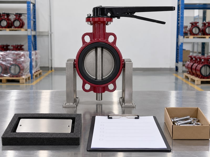 medium pressure turbine butterfly valve: illustrative supported valve beside blank identification and inspection documents
