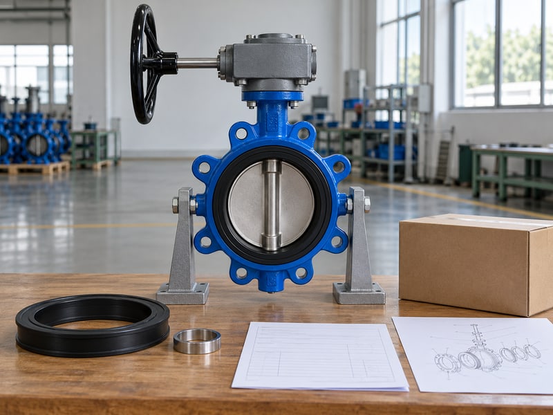 medium pressure turbine butterfly valve: illustrative gear-operated butterfly valve and separated material samples beside blank quotation records