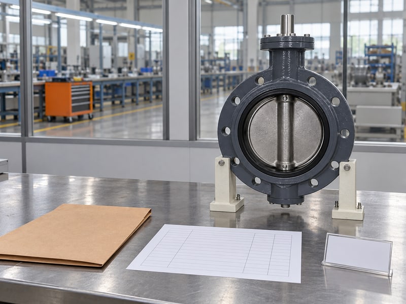 medium pressure turbine butterfly valve manufacturers: illustrative supported gray butterfly valve beside blank factory scope folders with distant empty assembly benches