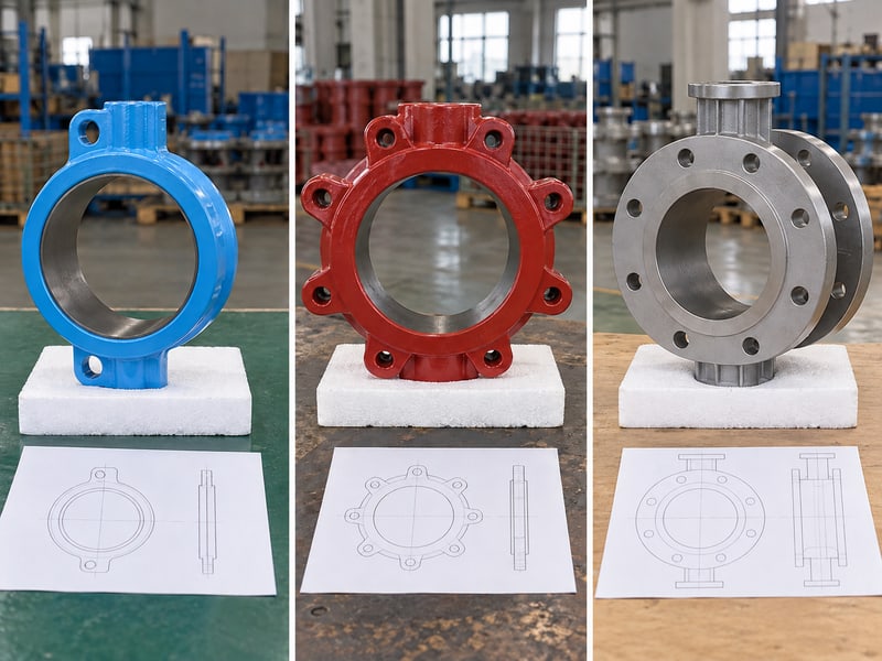 medium pressure turbine butterfly valve manufacturers: illustrative three-panel photographic comparison of empty wafer, lug and double-flanged butterfly valve body samples on separate trays