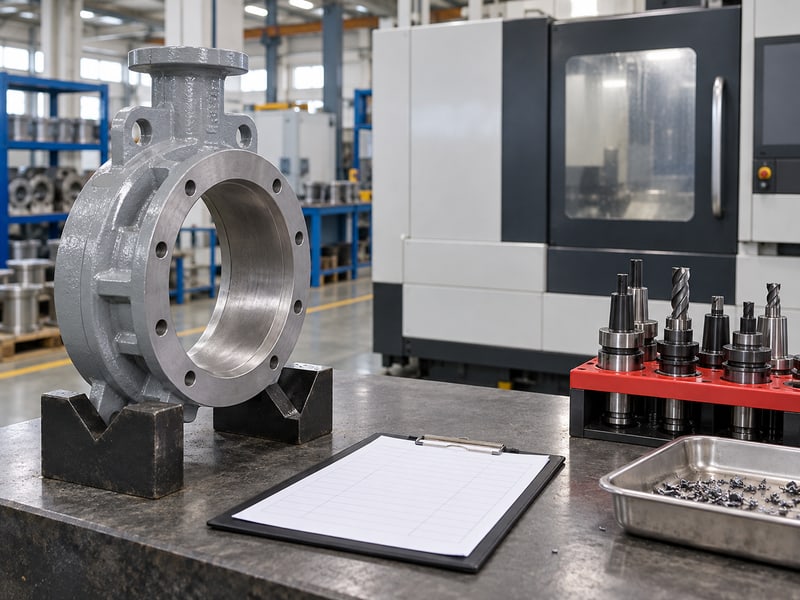 medium pressure turbine butterfly valve manufacturers: illustrative empty machined butterfly valve body on fixed-shell supports beside a closed machining cell and blank audit sheets