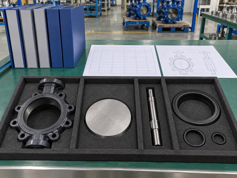 medium pressure turbine butterfly valve manufacturers: illustrative separate empty valve body, solid disc blank, shaft and seal samples in trays beside blank traceability folders