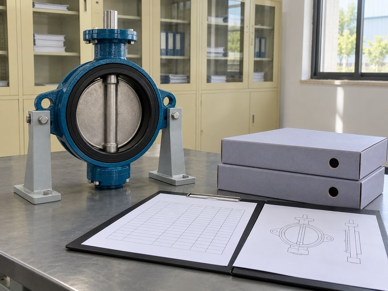 medium pressure turbine butterfly valve manufacturers: illustrative supported teal butterfly valve beside blank quality review worksheets and ordinary document folders