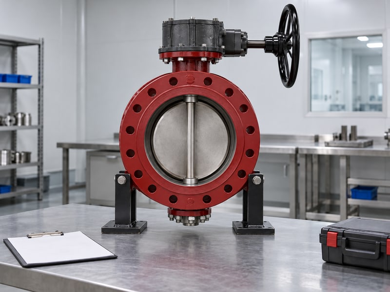 medium pressure turbine butterfly valve manufacturers: illustrative disconnected supported burgundy butterfly valve beside blank inspection forms and a closed tool case