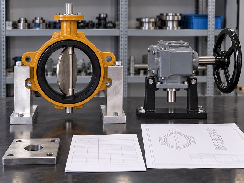 medium pressure turbine butterfly valve manufacturers: illustrative supported ochre butterfly valve beside a detached mounting plate and gearbox sample
