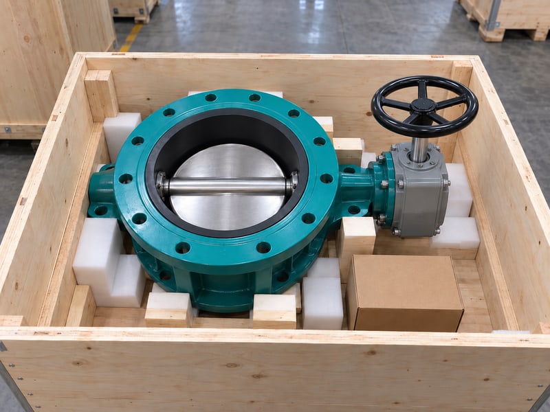 medium pressure turbine butterfly valve manufacturers: illustrative flanged butterfly valve resting on fixed body supports inside an open protected shipping crate