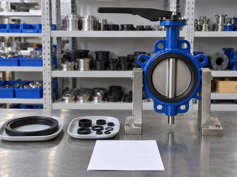 medium pressure turbine butterfly valve manufacturers: illustrative separate resilient seat and shaft seal spares in clean trays beside an upright supported butterfly valve