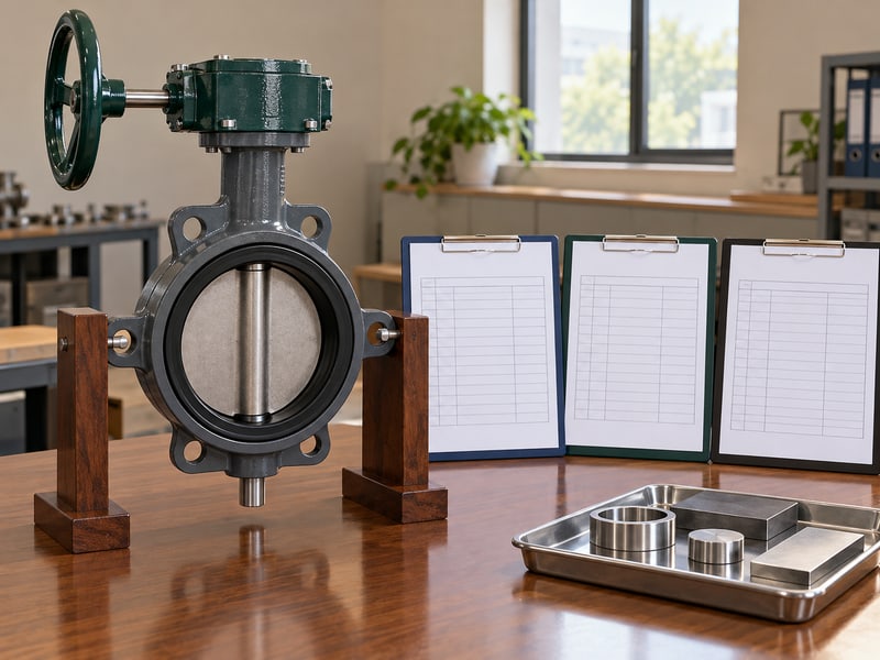 medium pressure turbine butterfly valve manufacturers: illustrative single supported slate butterfly valve beside three separate blank quotation folders and loose component samples