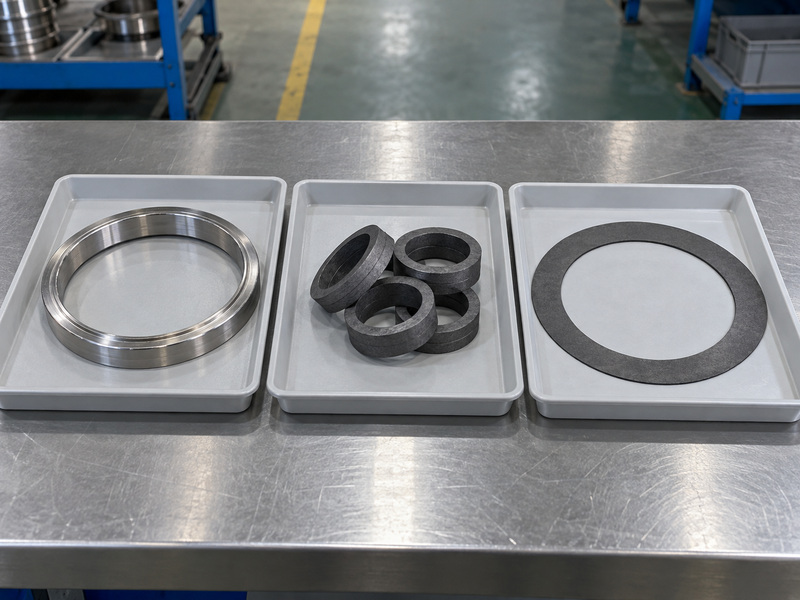 Illustrative metal seat butterfly valve graphite role review with a bare metal ring, separate dark packing rings, and a thin flat gasket in three individual trays.