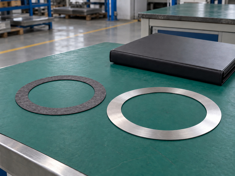 Illustrative metal seat butterfly valve graphite material review with separate thin dark and metal annular samples on a protective mat beside a closed plain folder.