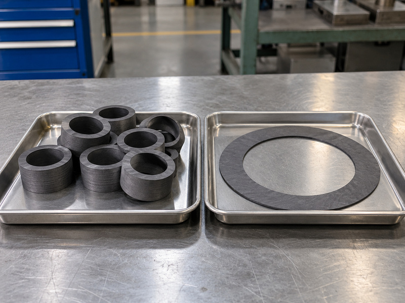 Illustrative metal seat butterfly valve graphite component-role review comparing thick dark packing rings with a large thin flat gasket in separate trays.