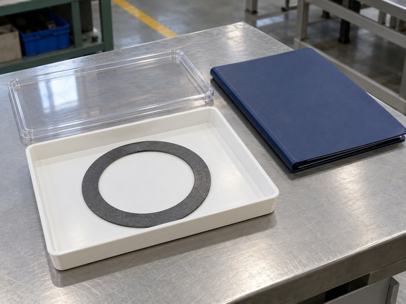 Illustrative metal seat butterfly valve graphite compatibility-document review with a thin dark gasket in a protective tray, a separate clear cover, and a closed plain folder.