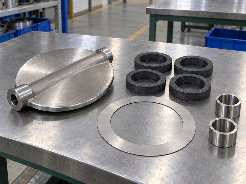Illustrative metal seat butterfly valve graphite assembly-limit review with a detached metal disc, separate dark packing rings, a thin metal gasket, and two bearing sleeves.