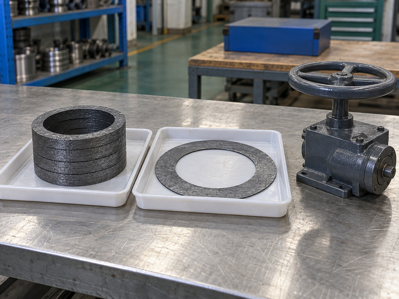 Illustrative metal seat butterfly valve graphite duty review with separate protected packing rings and a thin gasket beside an unconnected handwheel gearbox.