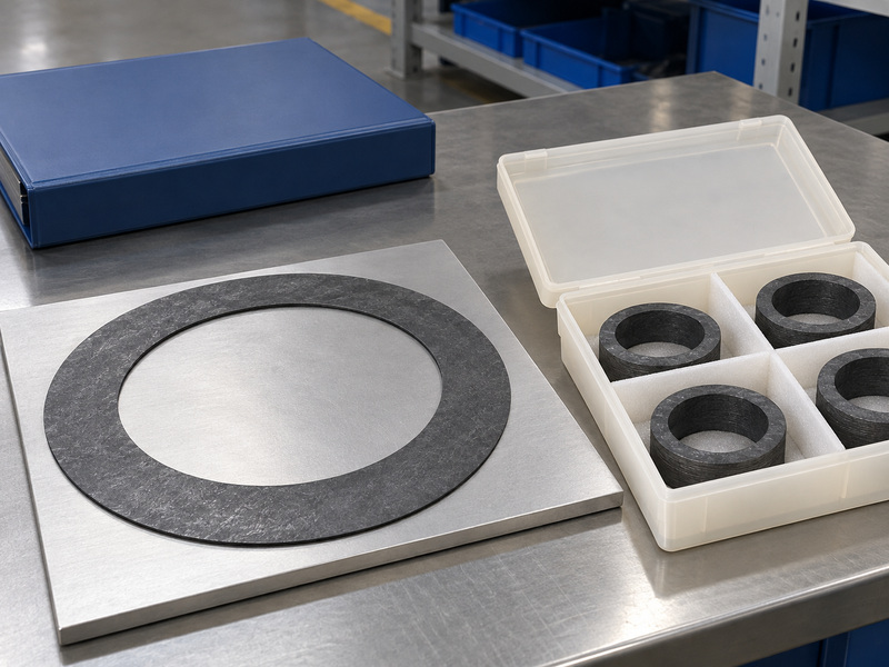 Illustrative metal seat butterfly valve graphite storage review with a fully supported thin dark gasket on a rigid board and packing rings separated in an open compartmented protective box.