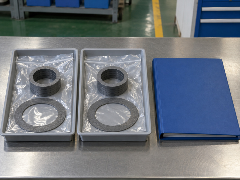 Illustrative metal seat butterfly valve graphite spare-record review with two separate clear protective packages containing packing rings and flat gaskets on individual trays beside a closed plain folder.