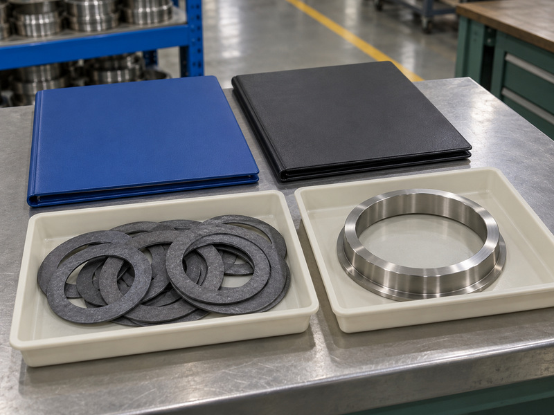 Illustrative metal seat butterfly valve graphite purchase review with several thin dark gaskets, a separate metal ring in another tray, and two closed plain folders.