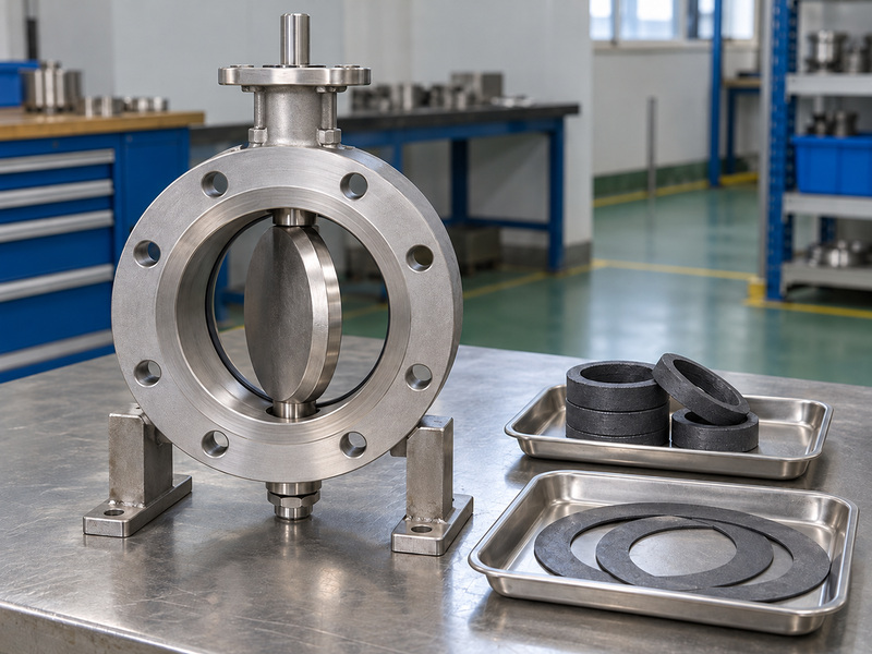 Illustrative metal seat butterfly valve graphite component-role review with an unmarked partly open valve on supports, separate dark packing rings, and several thin flat gaskets in individual trays.