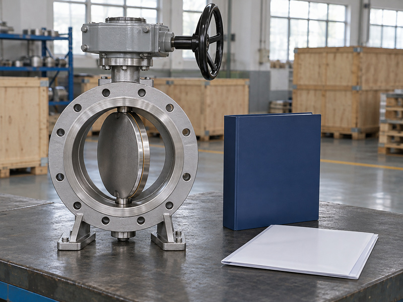 Illustrative metal seat butterfly valve pricelist scope review with a supported metal valve fitted with a handwheel gearbox, a closed plain folder, and a blank document packet.
