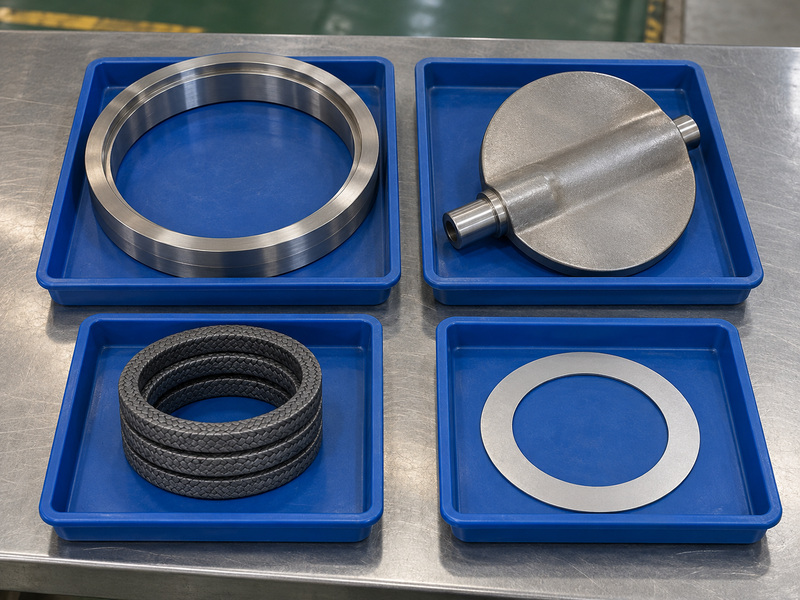 Illustrative metal seat butterfly valve pricelist trim-scope review with a metal ring, a detached disc with a diametral hub, separate dark packing rings, and a flat gasket in individual trays.