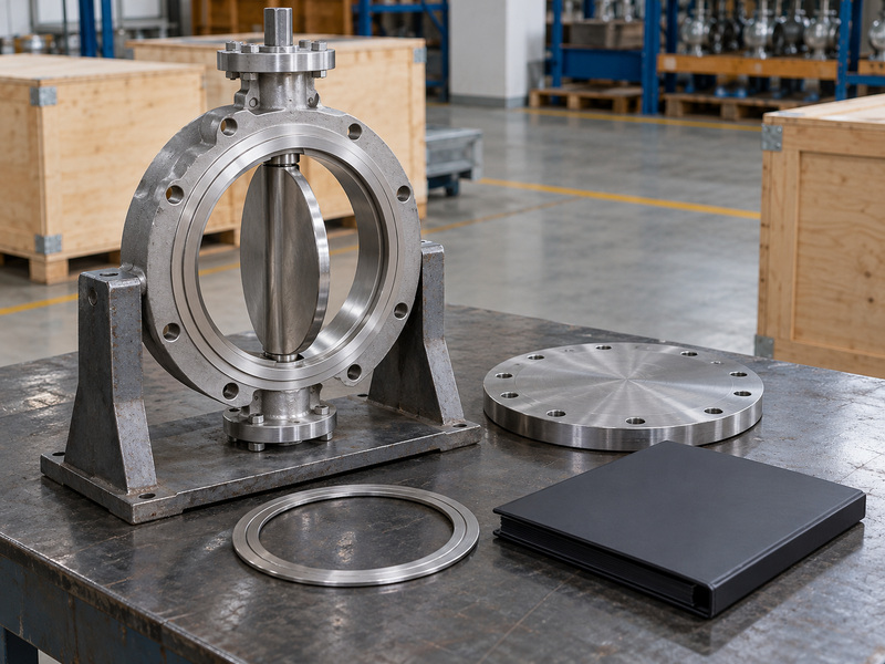 Illustrative metal seat butterfly valve pricelist test-scope review with a static supported valve, a detached blanking plate, a separate metal ring, and a closed plain folder.