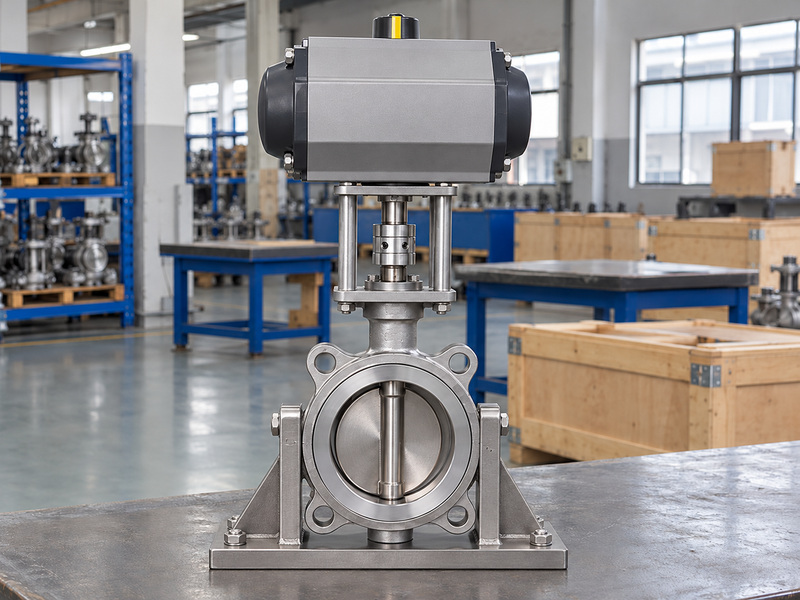 Illustrative metal seat butterfly valve pricelist mounting-scope review with an unmarked valve and actuator package, an extended mounting bracket, a visible coupling, and a stable side support frame.