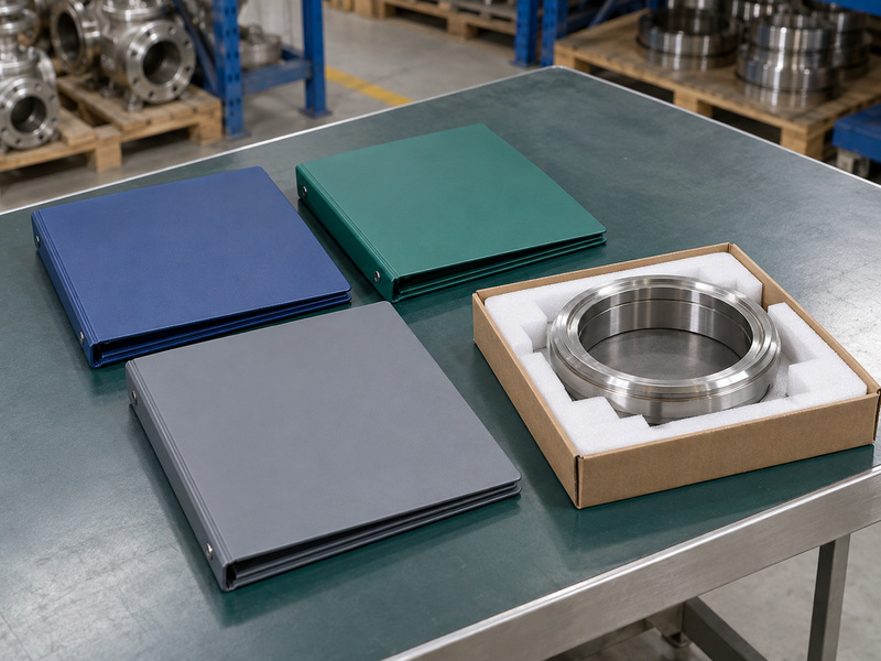 Illustrative metal seat butterfly valve pricelist document-scope review with three closed plain folders and a metal ring in a protective box.