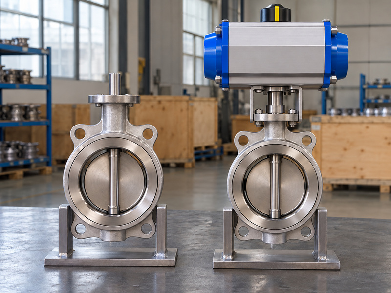 Illustrative metal seat butterfly valve pricelist supply-scope review comparing an unactuated valve with a separate actuated valve package on individual supports.