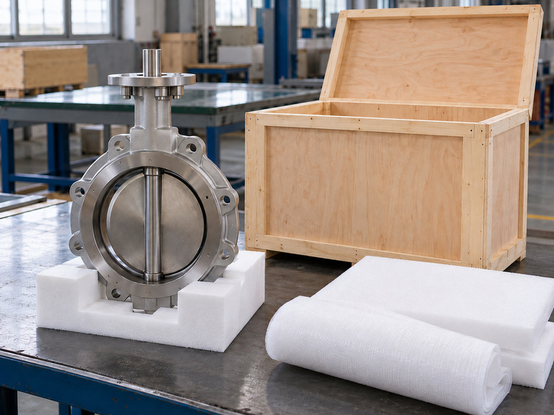 Illustrative metal seat butterfly valve pricelist delivery-scope review with an unmarked valve on a protective base, an open plain wooden crate, and separate cushioning materials.